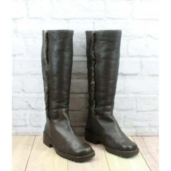 LL Bean Brown Leather Pull On Faux Fur Heeled Tall Boots Size 8 - Picture 3 of 11